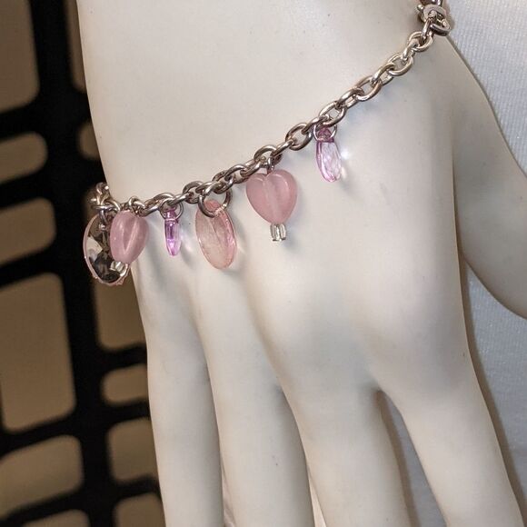 Bracelet. Pink heart & oval beads, clear & solid - Picture 8 of 9